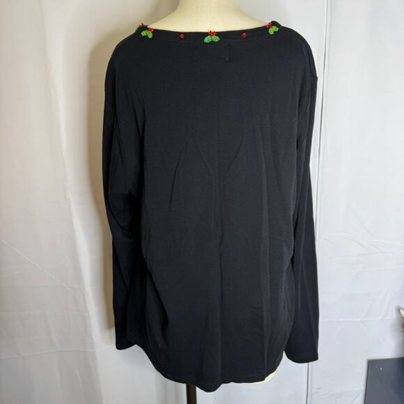 Quacker Factory Vintage Sequin Wreath Christmas Top Black XL Holiday - Picture 3 of 8